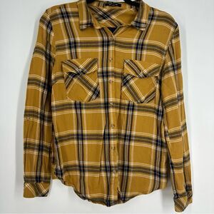 AMBIANCE Women’s Mustard Yellow and Navy Plaid Sot Knit Button Down Shirt Sz M